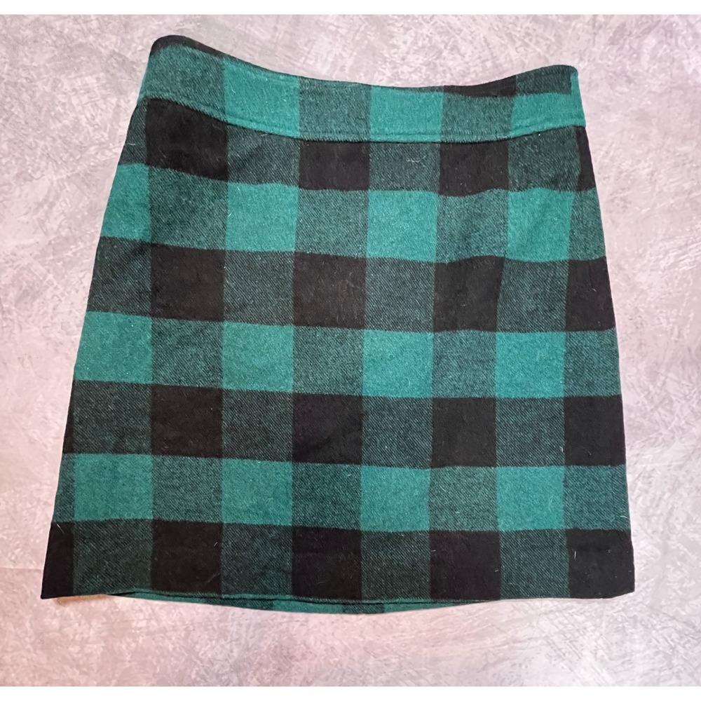 J Crew Mini Skirt Womens 8 Black Green Wool Flannel Buffalo Check Lined Career